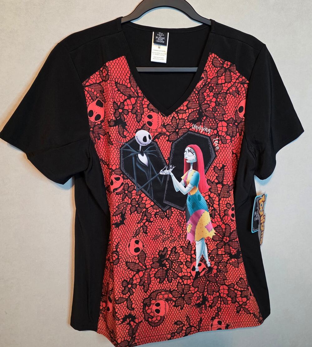 NWT Disney Tooniforms "Undying Love" women's V-neck print scrub top size M